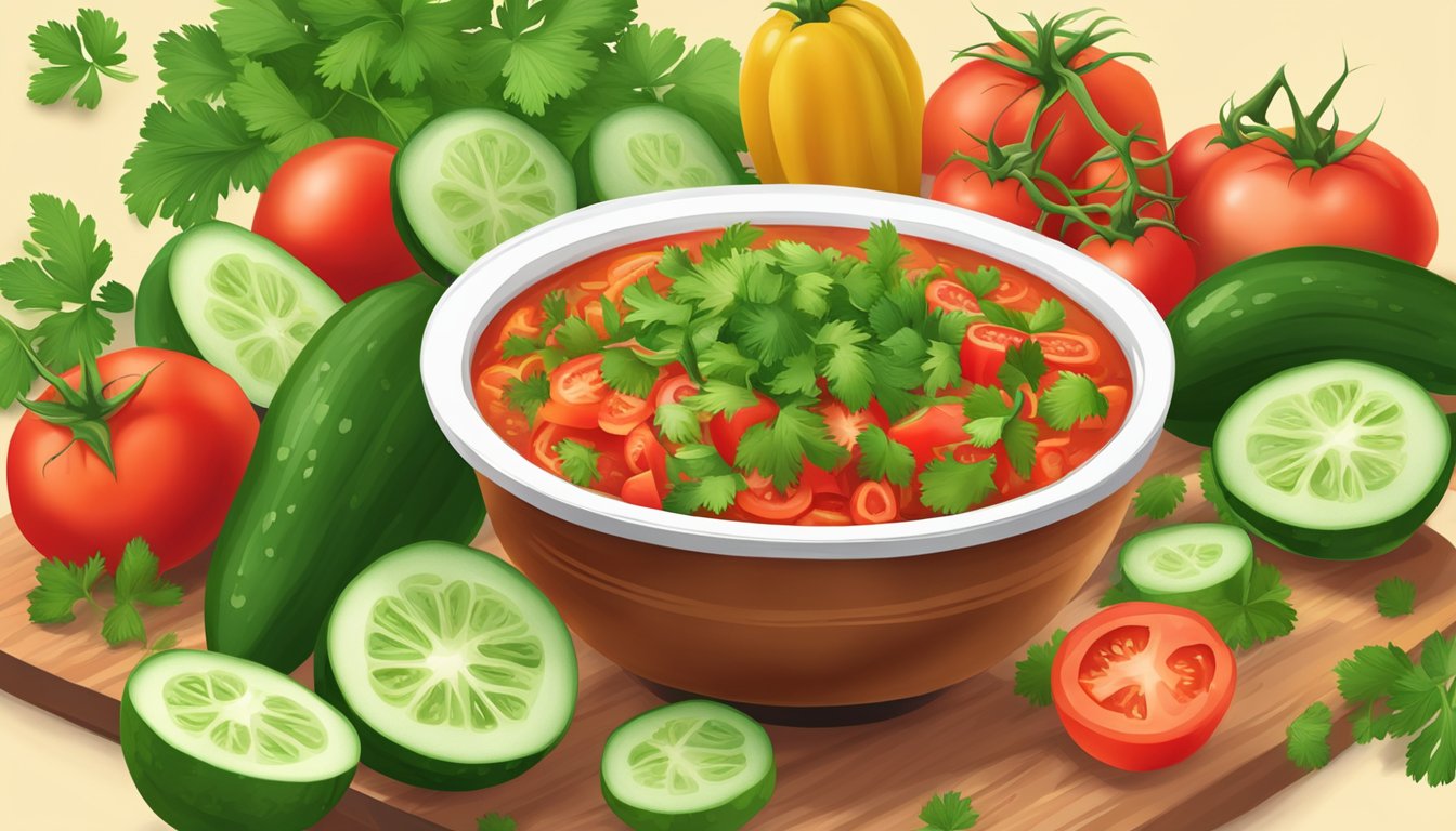 A vibrant salsa bowl with diced cucumber peels, surrounded by fresh cilantro and vibrant red tomatoes