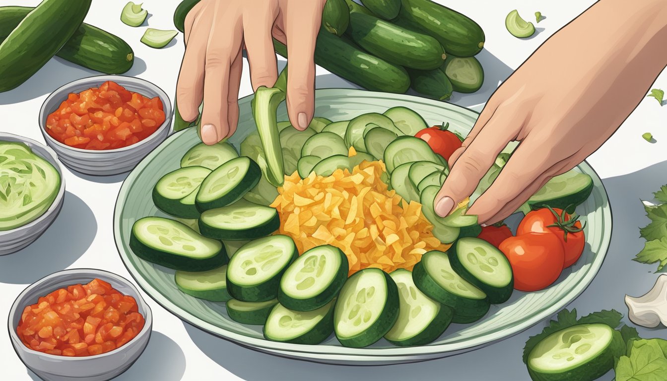 A hand reaching for a fresh cucumber, a pile of discarded peels, and a bowl of vibrant salsa ingredients