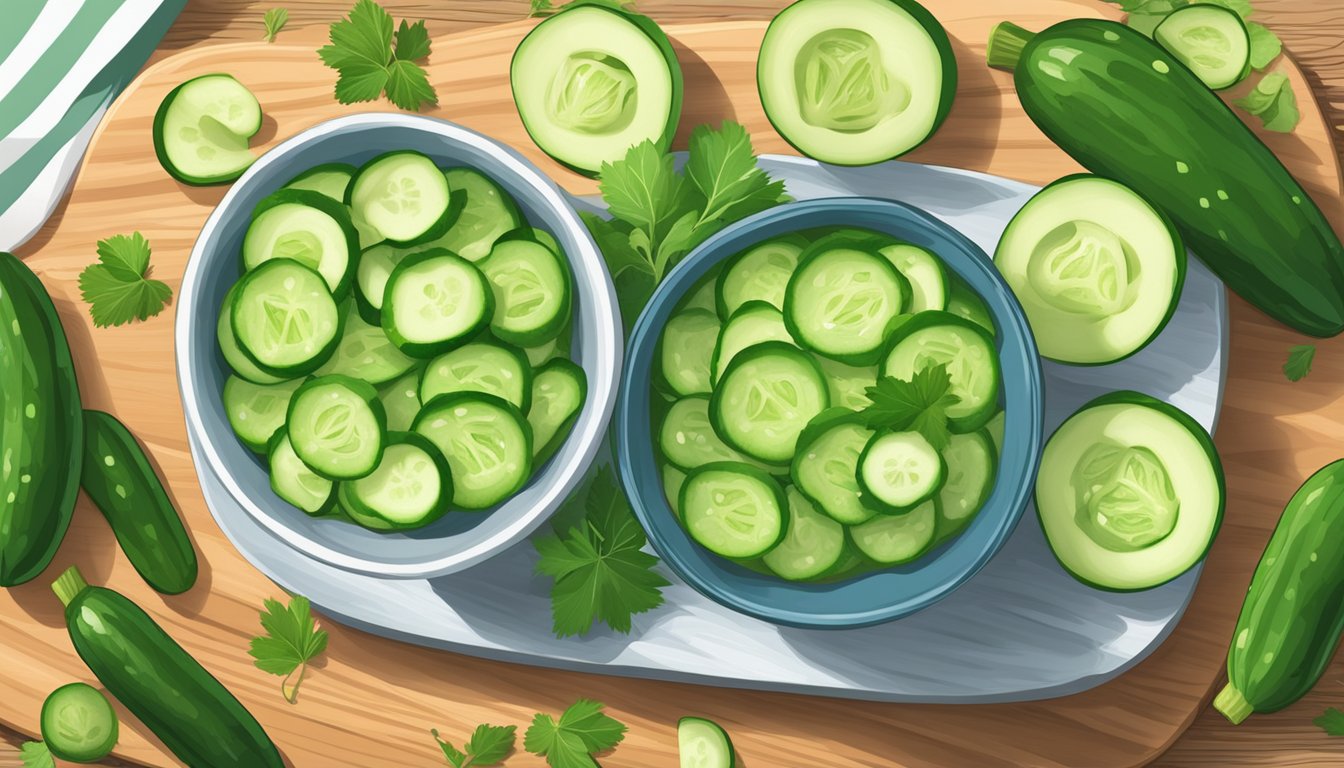 A bowl of cucumber peel salsa surrounded by vibrant green cucumber slices and fresh herbs on a wooden cutting board