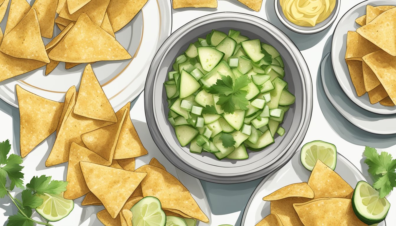 A bowl of cucumber peel salsa next to a plate of tortilla chips