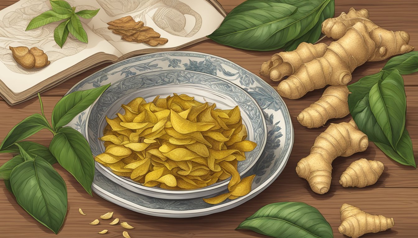 A pile of ginger peels and tea leaves on a wooden table, surrounded by illustrations of ginger plants and historical artifacts