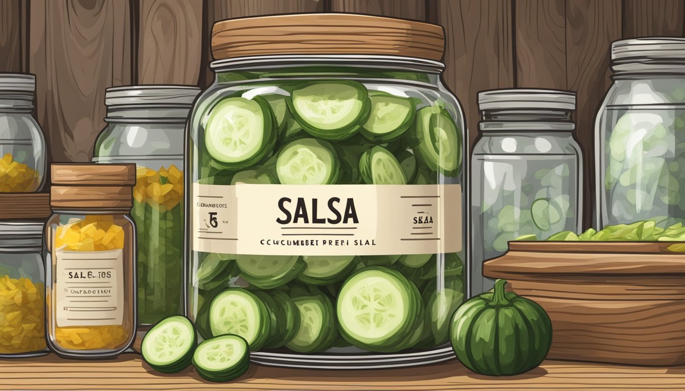 A glass jar filled with cucumber peel salsa sits on a wooden shelf next to other preserved goods. The label indicates the date of preparation and storage tips