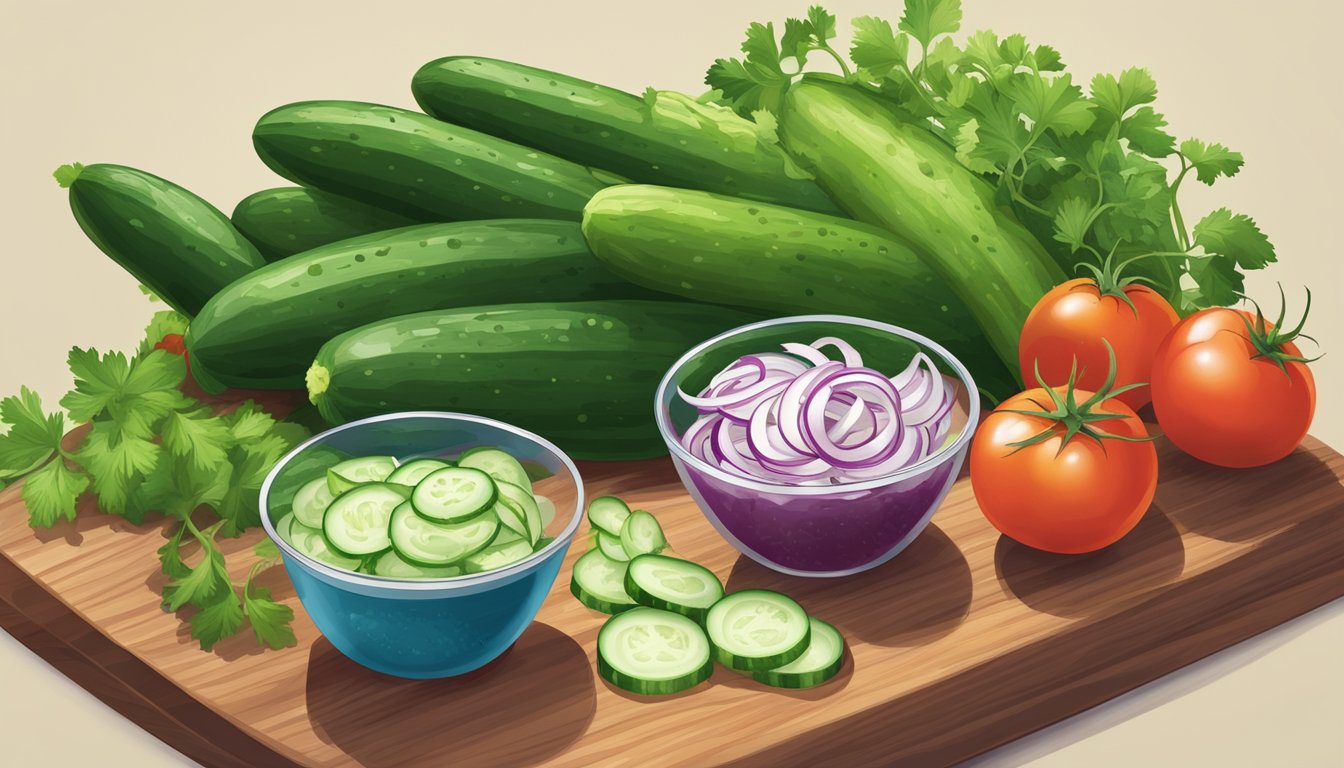 A colorful array of fresh cucumber peels, tomatoes, onions, and cilantro arranged on a cutting board, with a bowl of salsa in the background