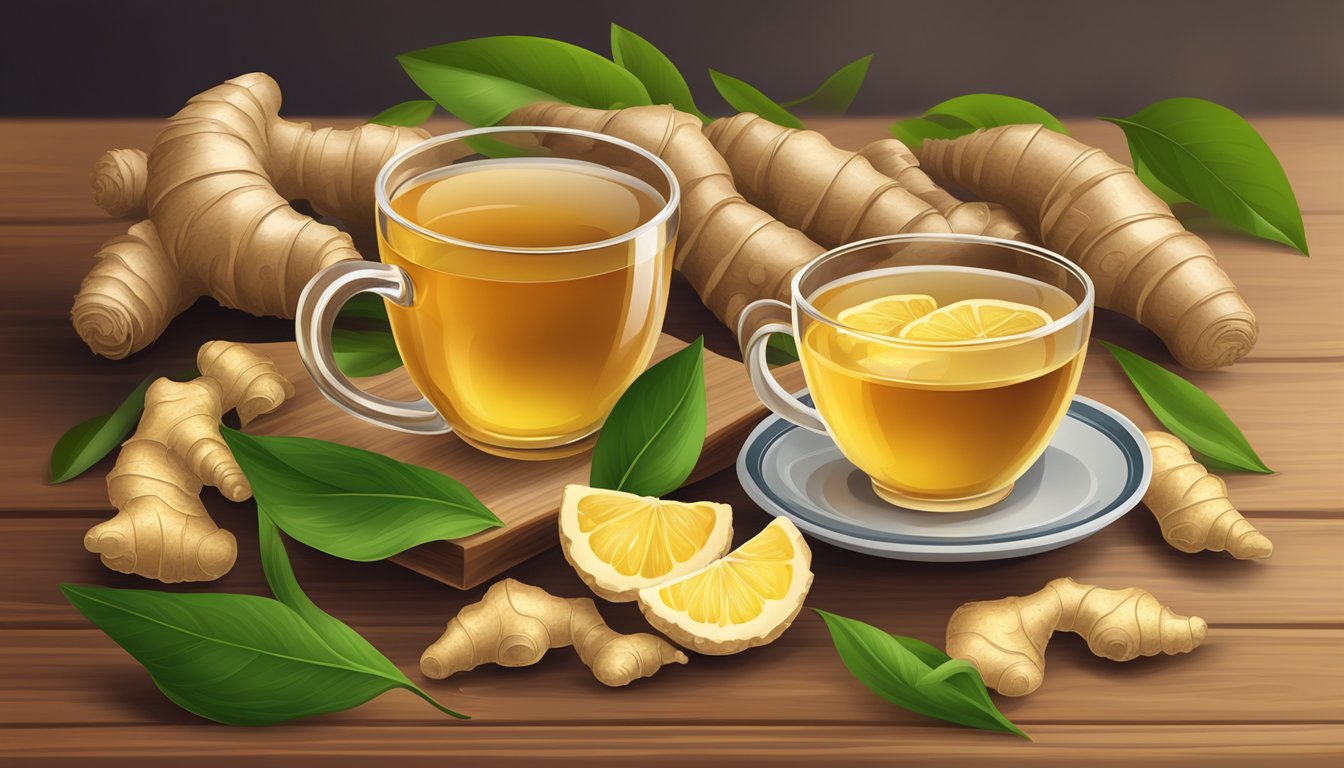 A steaming cup of ginger peel tea surrounded by fresh ginger roots and leaves on a wooden table