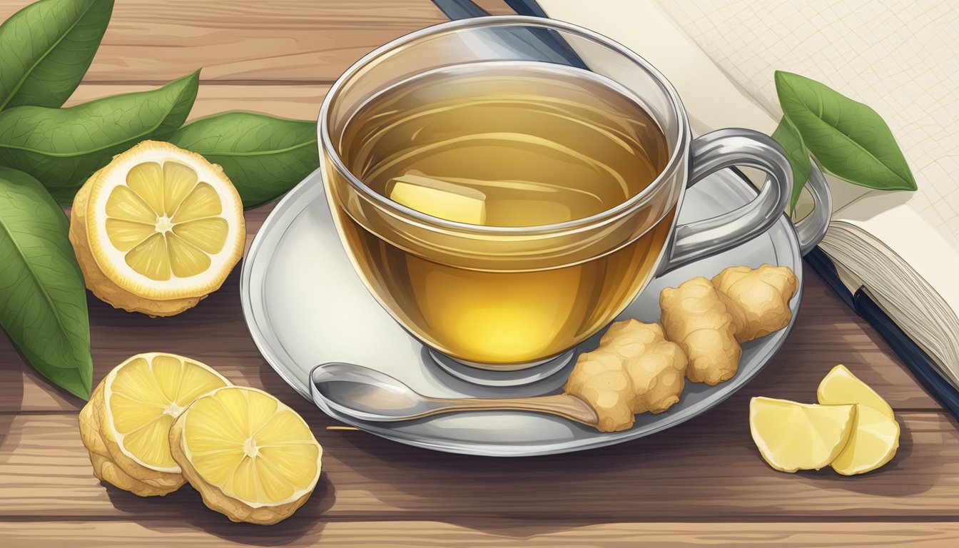 A steaming cup of ginger peel tea sits on a wooden table surrounded by fresh ginger root, lemon slices, and a journal