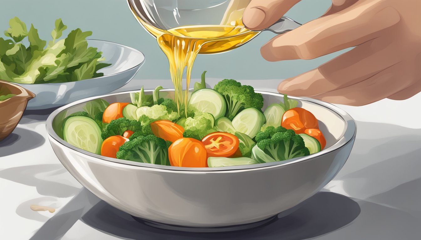 A bowl of fresh vegetables being drizzled with garlic oil