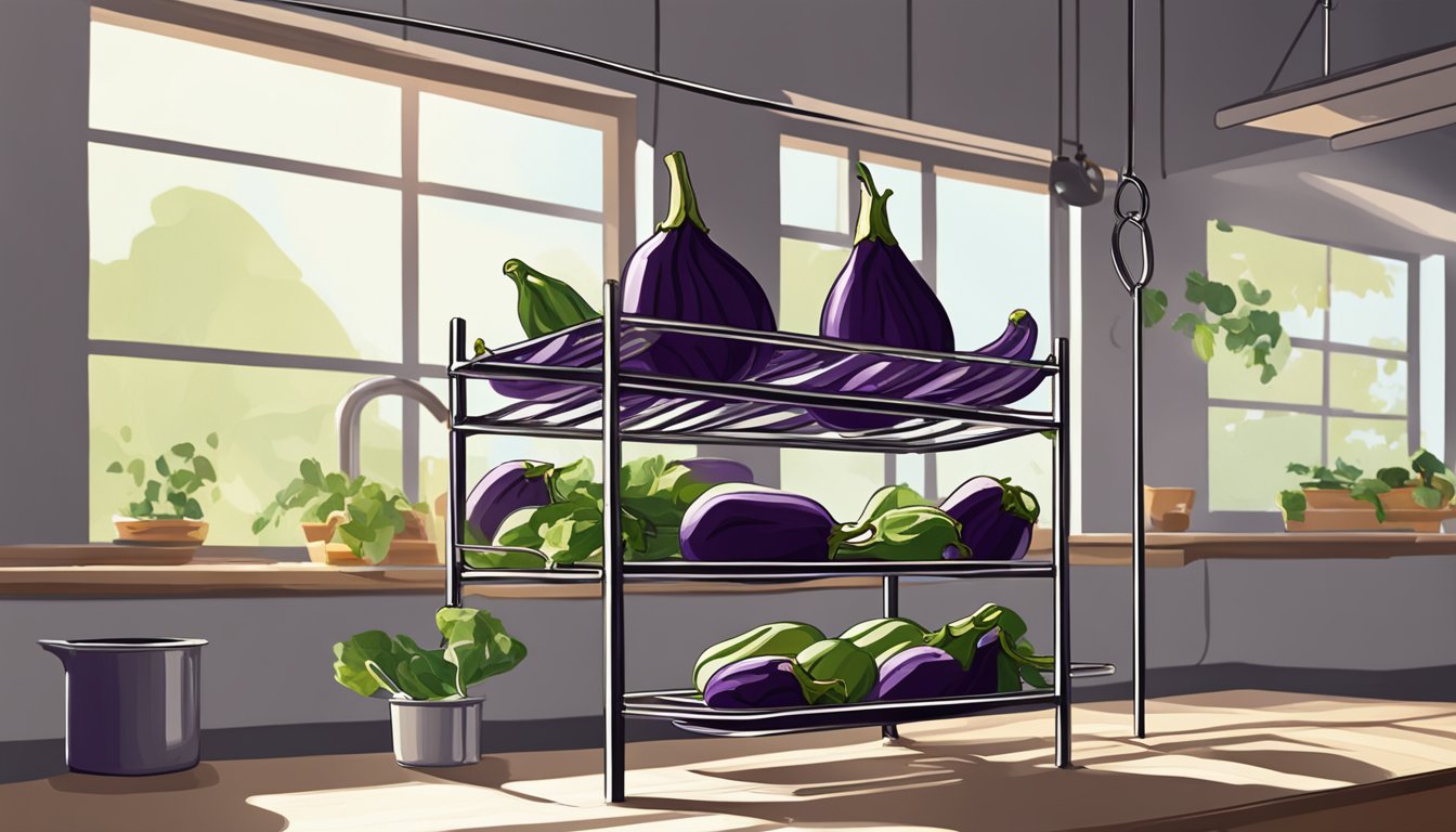 Eggplant peels drying on wire racks in a sunlit kitchen