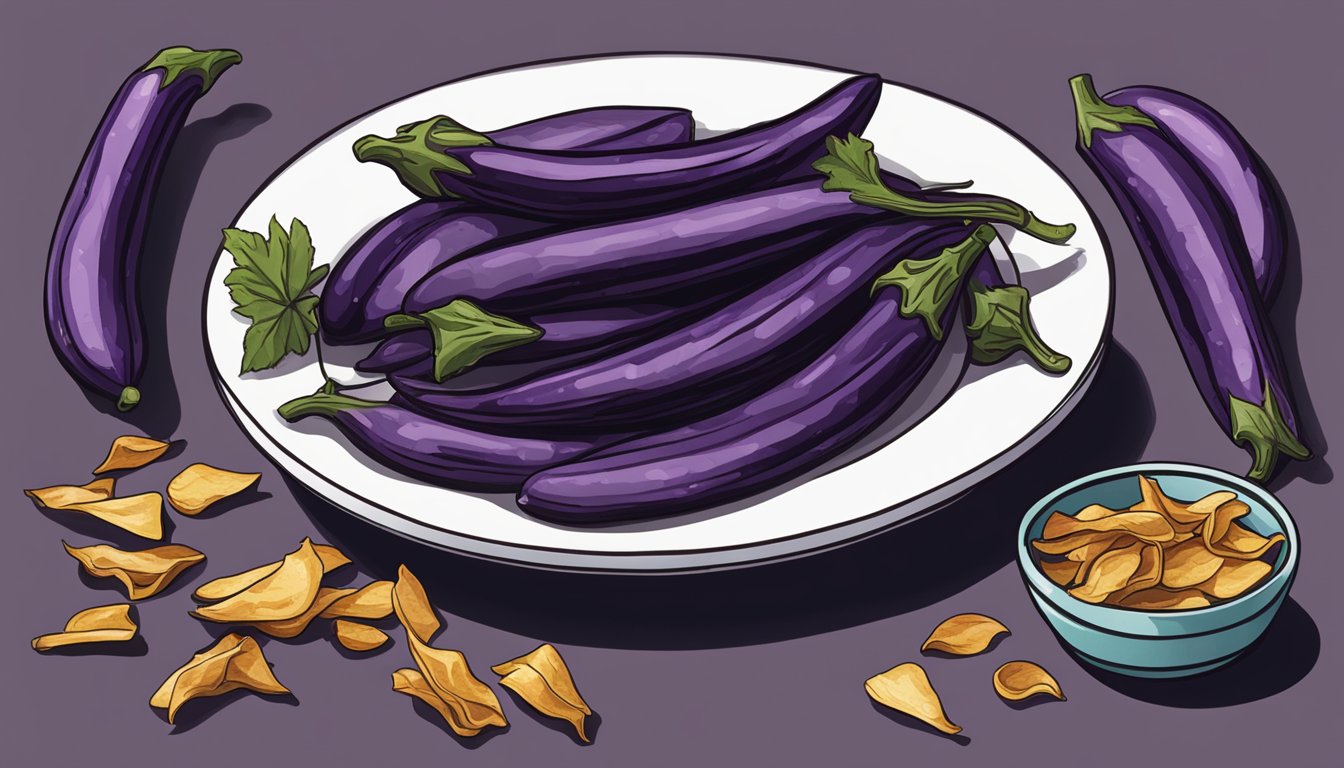 A pile of conclusion eggplant peels next to a plate of jerky