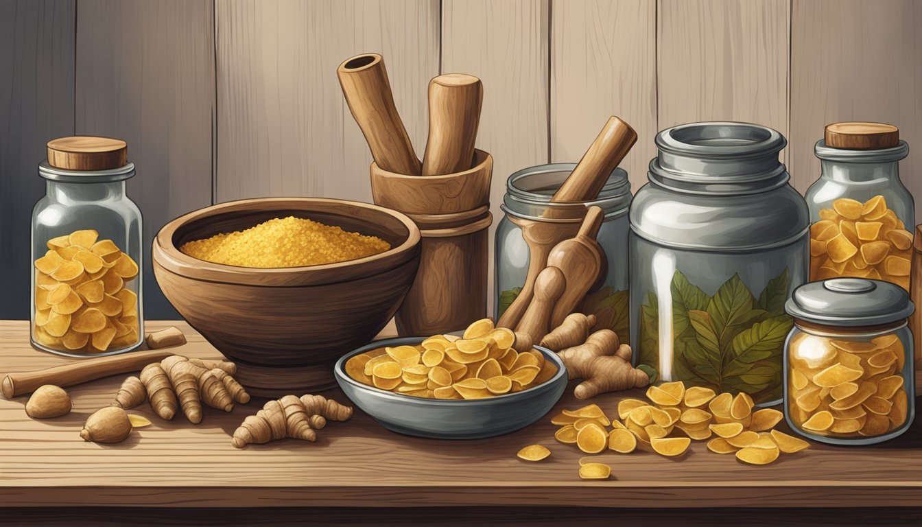 A rustic wooden table displays ginger root and ginger peel candy, surrounded by vintage jars and a mortar and pestle