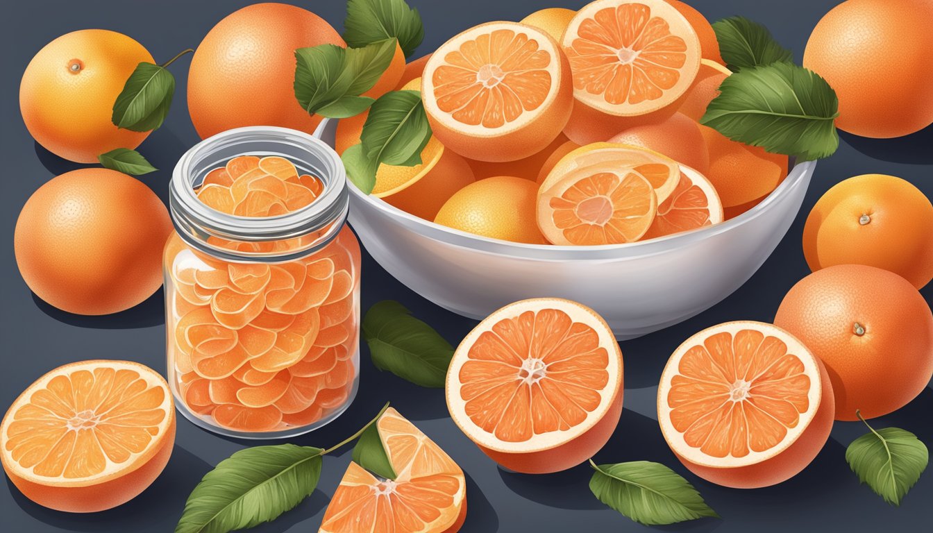 A jar of grapefruit peel marmalade surrounded by fresh grapefruits and a bowl of sugar