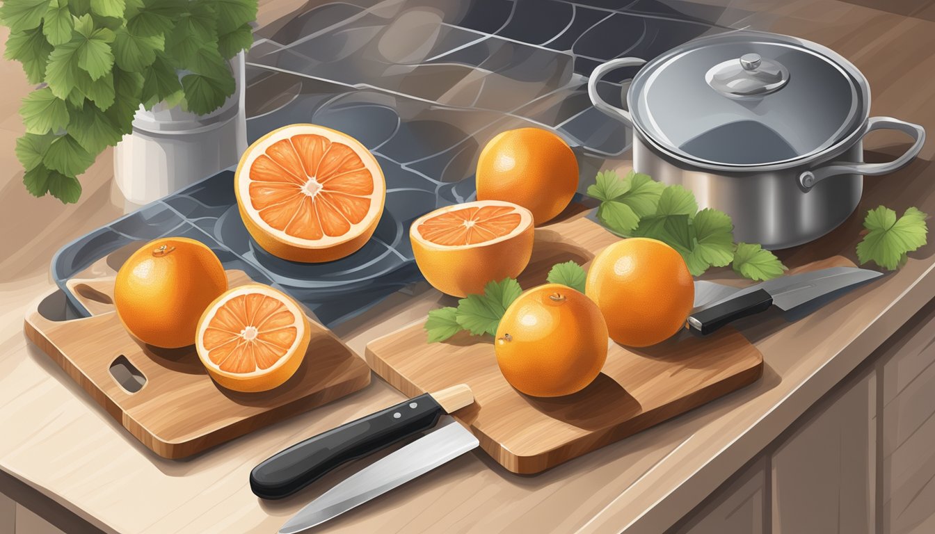 A cutting board with grapefruits, a knife, and a pot of simmering marmalade on a stovetop