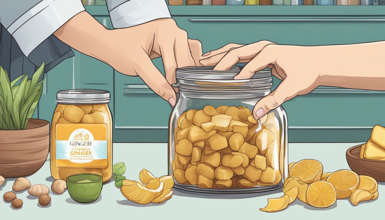 A hand reaching for a jar of ginger peel candy among various ingredients on a kitchen counter