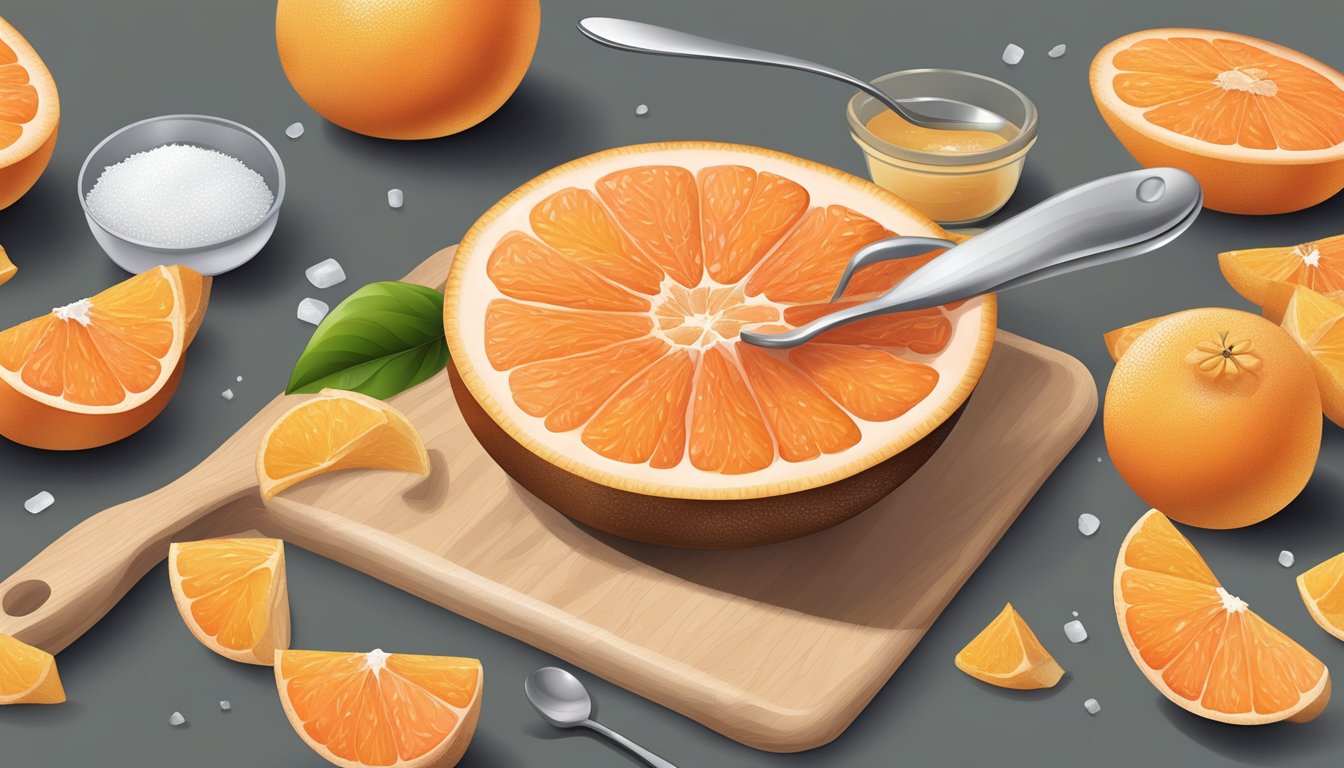 A cutting board with grapefruit peels, a pot, sugar, and a spoon