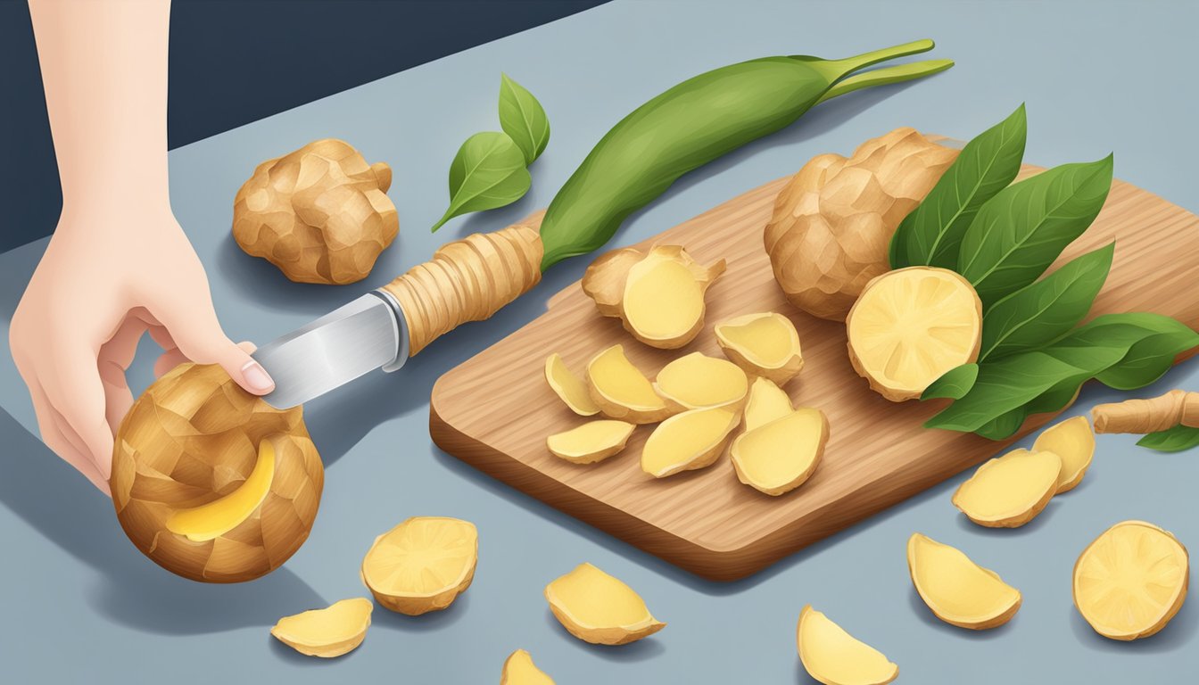 A hand holding a ginger root with a peeler nearby, ginger peelings scattered on a cutting board