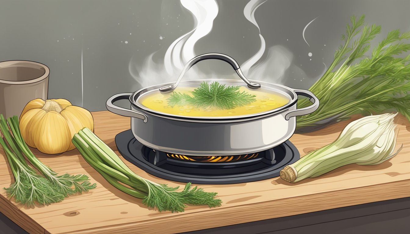 A pot of simmering fennel stalk broth on a stovetop, steam rising. Fennel stalks and other ingredients scattered on a wooden cutting board nearby