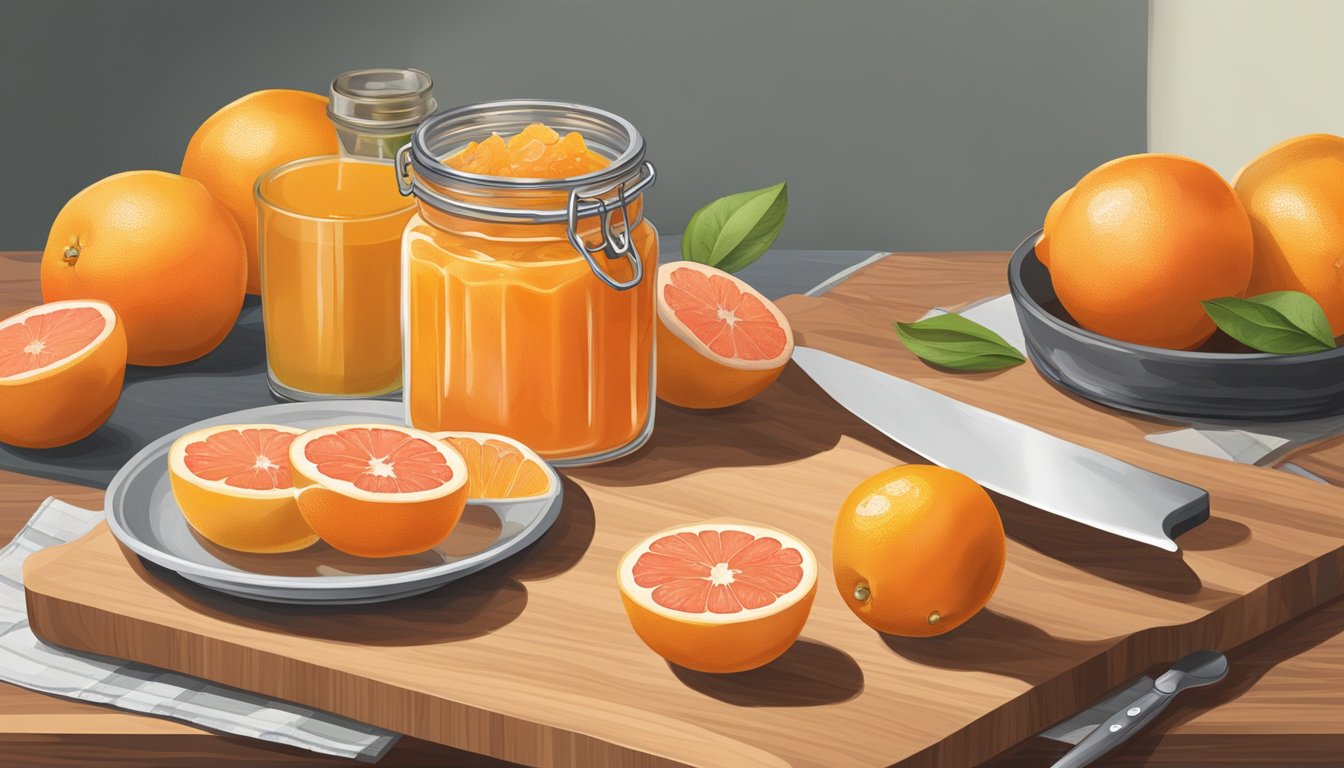 A jar of grapefruit peel marmalade surrounded by a cutting board, knife, and citrus juicer