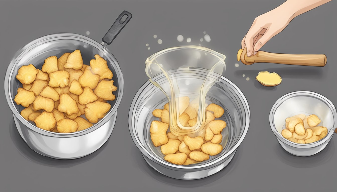 Fresh ginger being peeled and sliced, then cooked in a pot of boiling sugar syrup until it becomes candied