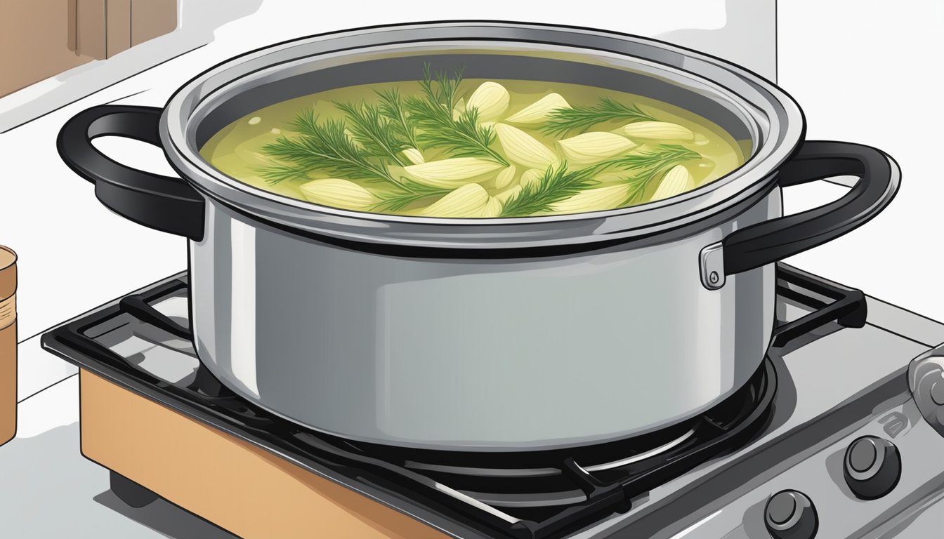 A pot simmering on a stove, filled with chopped fennel stalks and water. Steam rises as the broth cooks