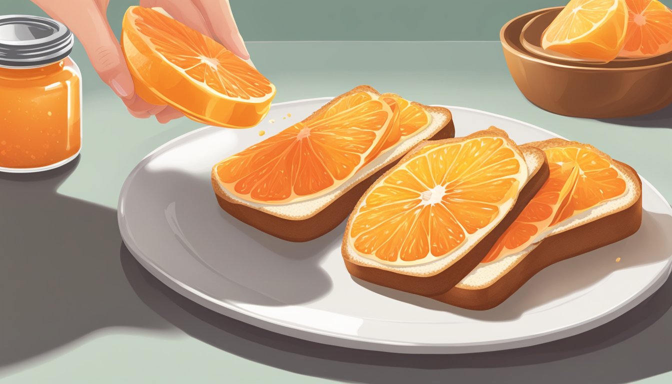 A jar of grapefruit peel marmalade being spread onto a slice of toast