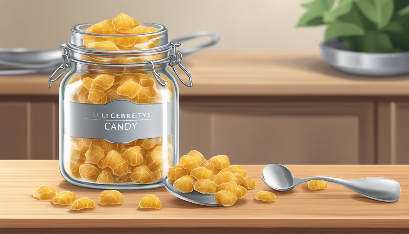 A glass jar filled with ginger candy sits on a wooden countertop, with a small silver scoop next to it