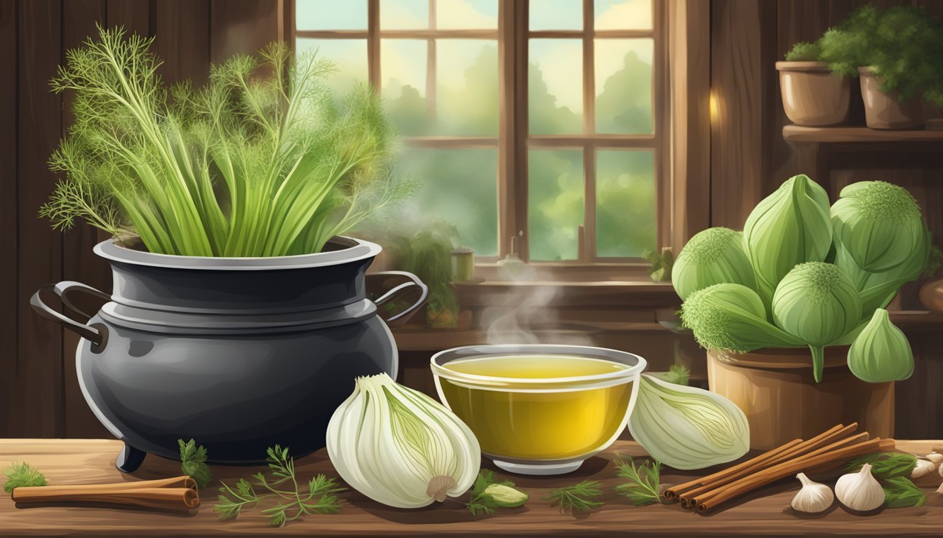 A steaming pot of fennel stalk broth surrounded by fresh fennel bulbs, herbs, and spices on a rustic wooden table