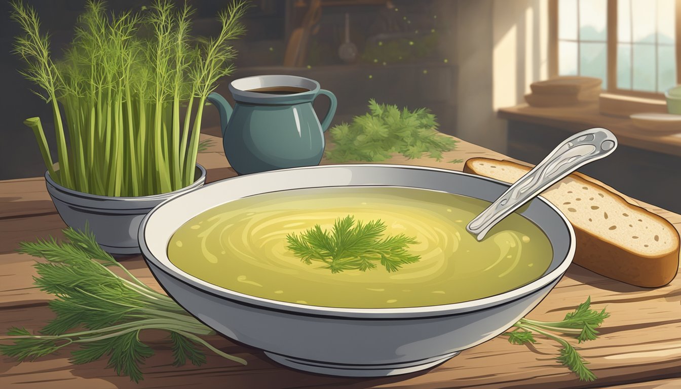 A steaming bowl of fennel stalk broth sits on a rustic wooden table, surrounded by fresh fennel bulbs, herbs, and a loaf of crusty bread