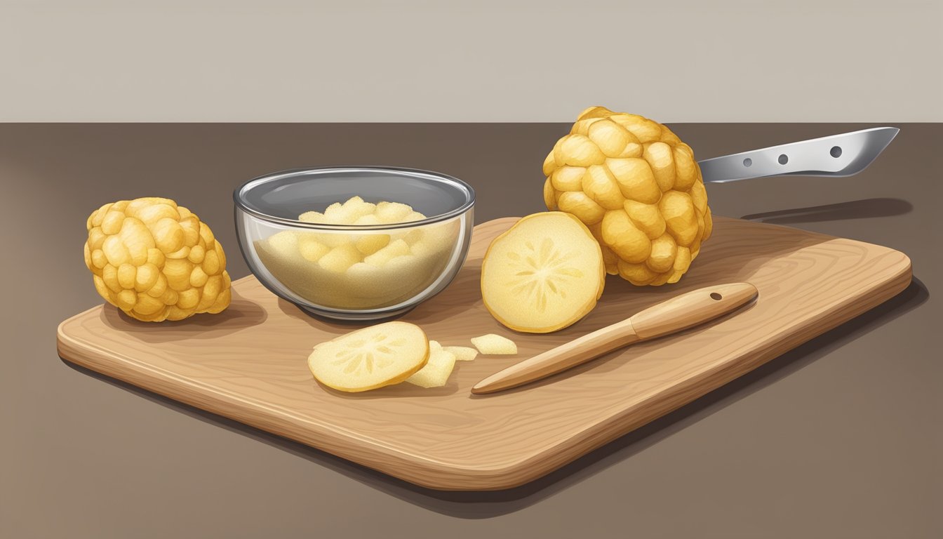 A cutting board with peeled ginger, a paring knife, and a bowl of sugar