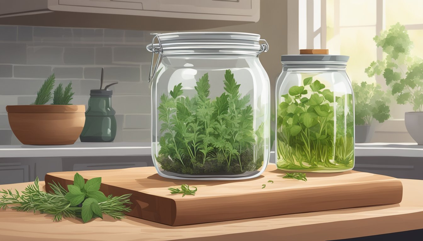 A glass jar filled with herb stems soaking in vinegar, surrounded by fresh herbs and a cutting board