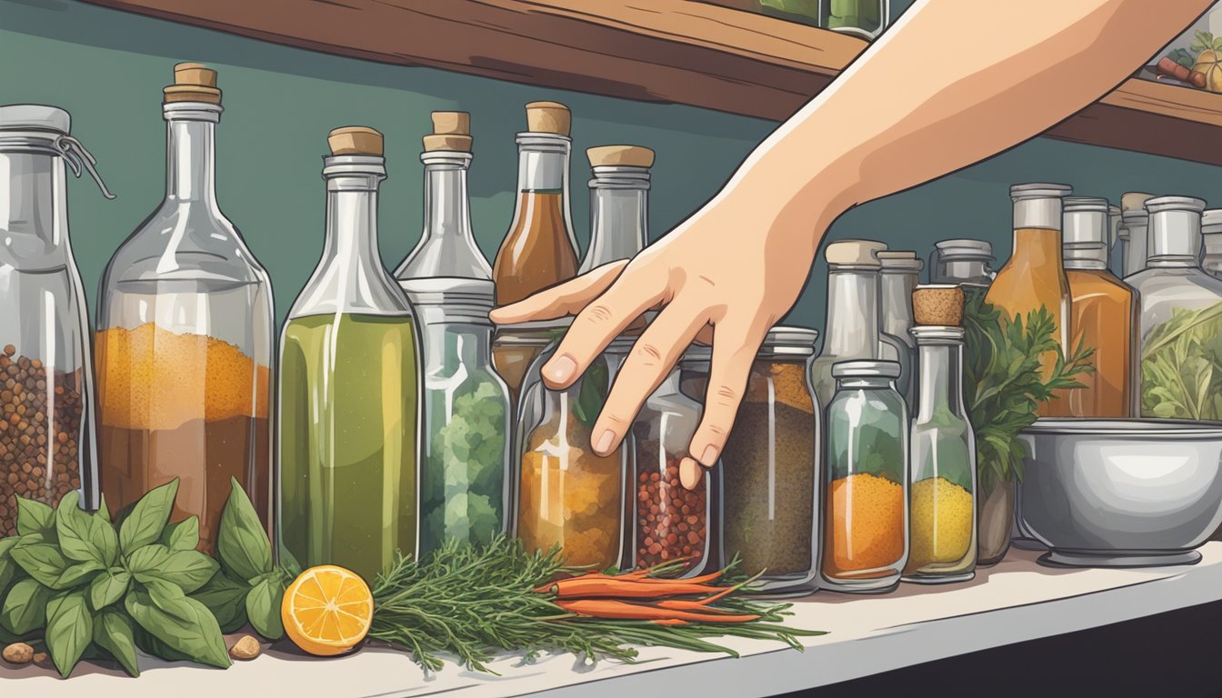 A hand reaching for a bottle of vinegar on a shelf surrounded by various herb stems and spices