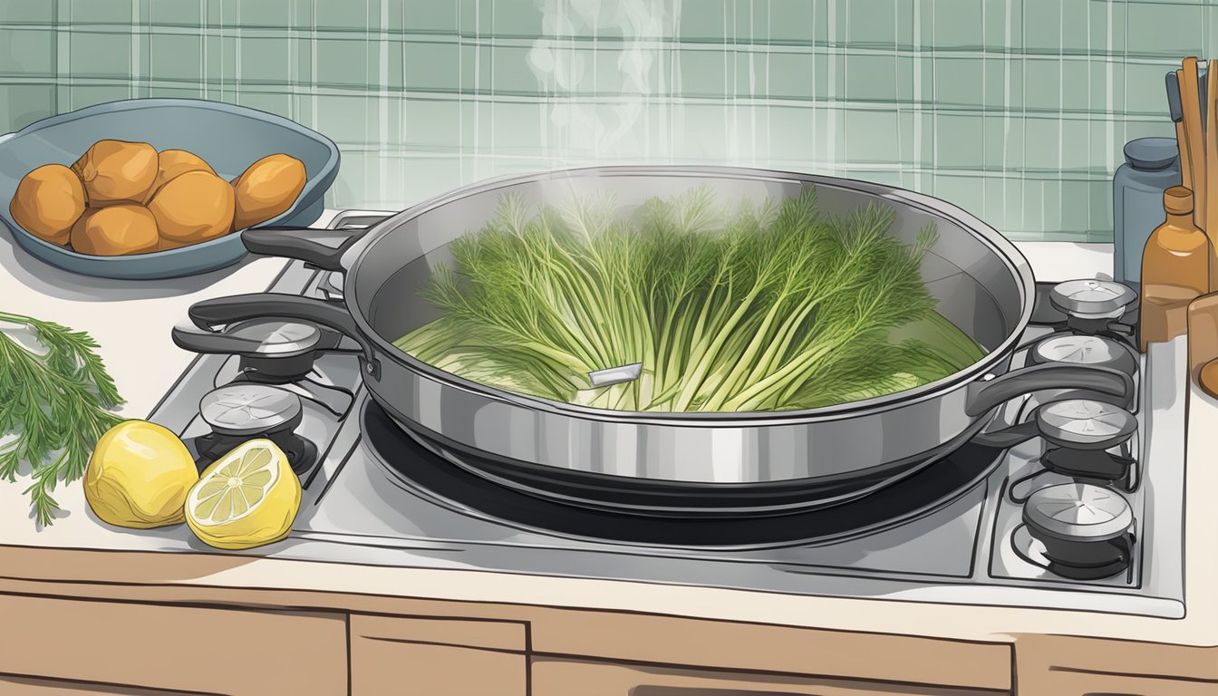 A pot simmering with fennel stalks, herbs, and water on a stovetop