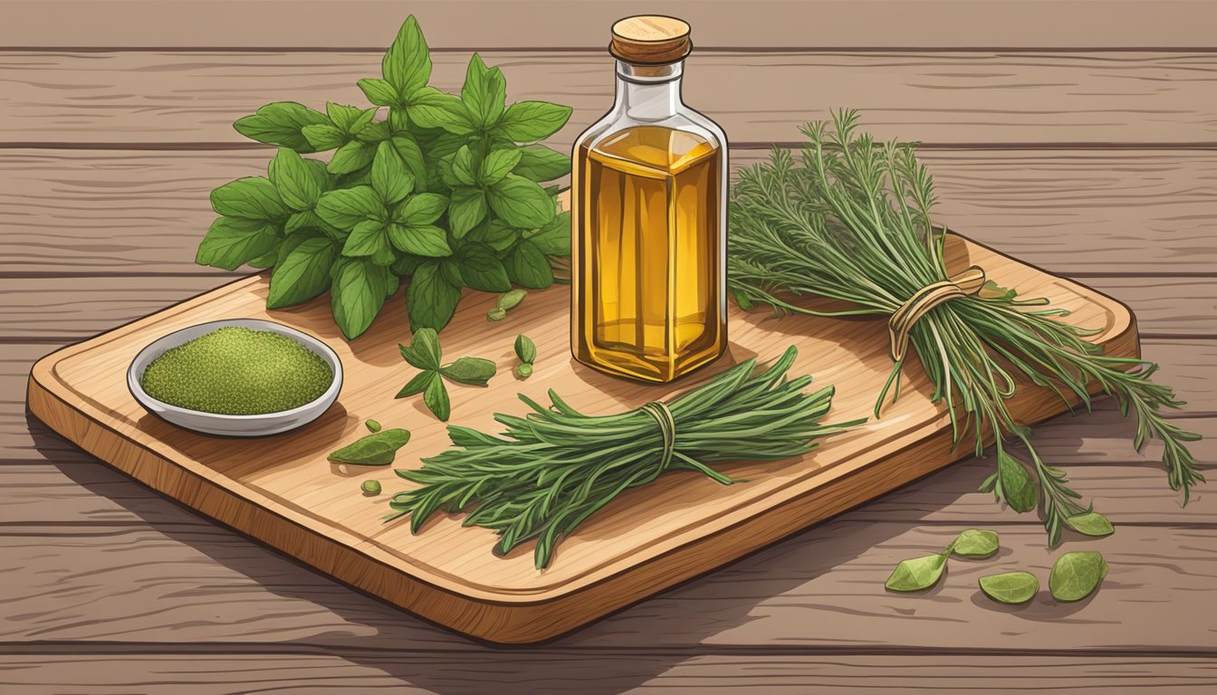 Fresh herbs arranged next to a bottle of herb stem vinegar on a wooden cutting board