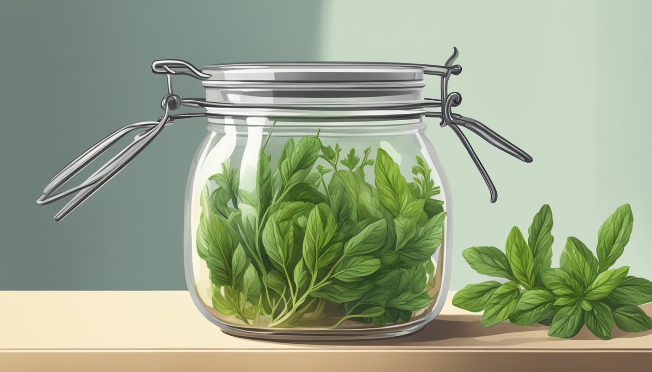 Fresh herb stems submerged in a glass jar of vinegar, ready for infusion