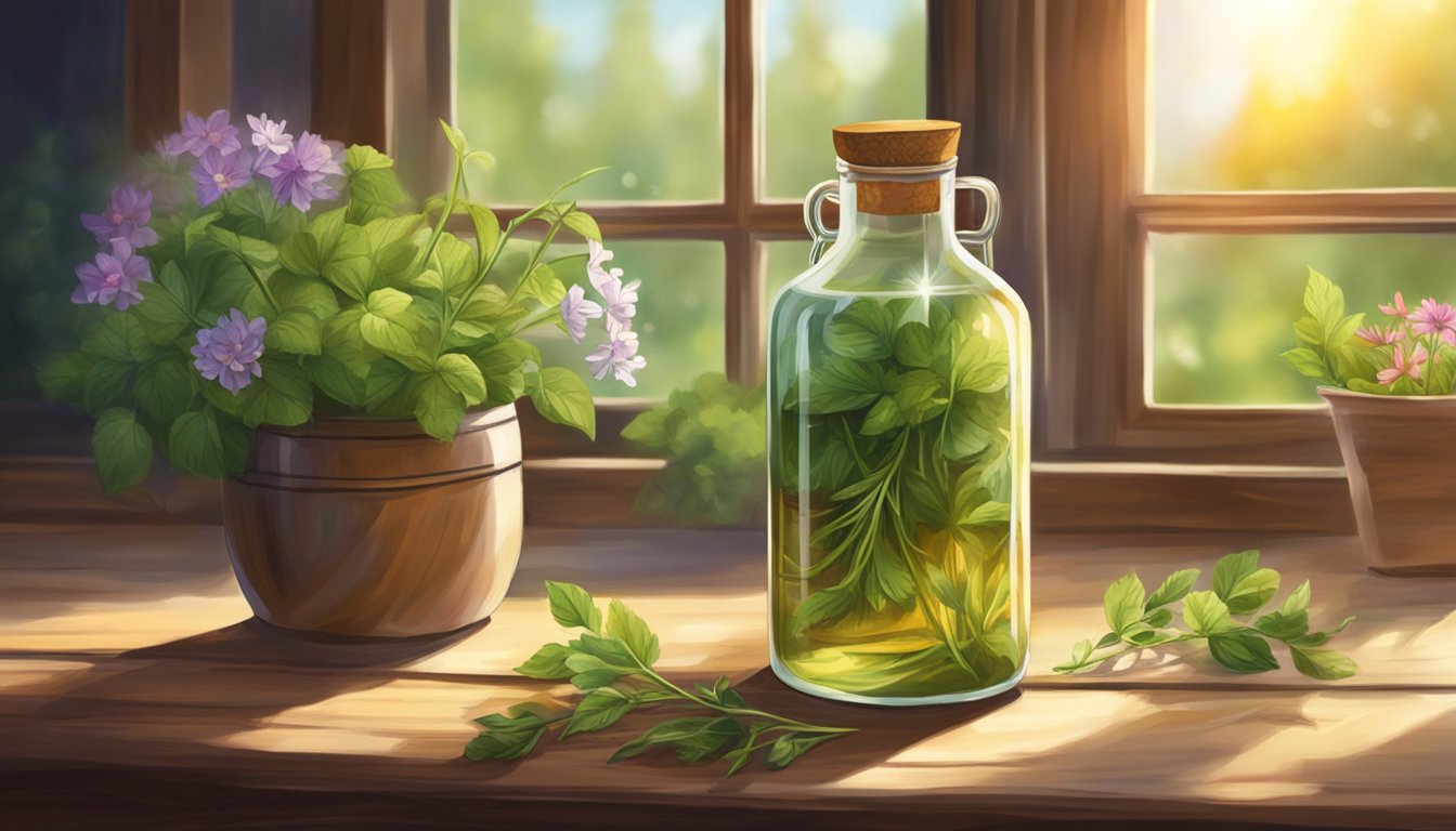 A glass bottle of herb stem vinegar sits on a rustic wooden table, surrounded by fresh herbs and colorful flowers. Sunlight streams in through a nearby window, casting a warm glow on the scene