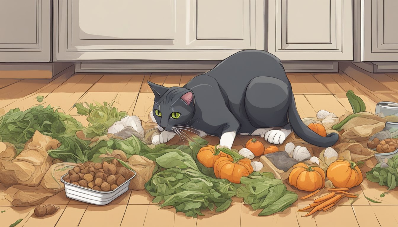 A cat sniffs and selects gourmet treats from a pile of kitchen scraps on the floor