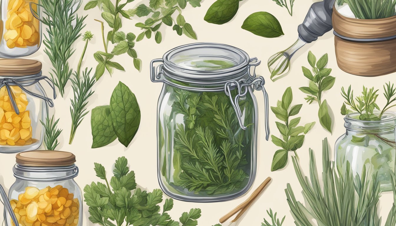 A glass jar filled with herb stems soaking in vinegar, surrounded by craft supplies and gift wrapping materials