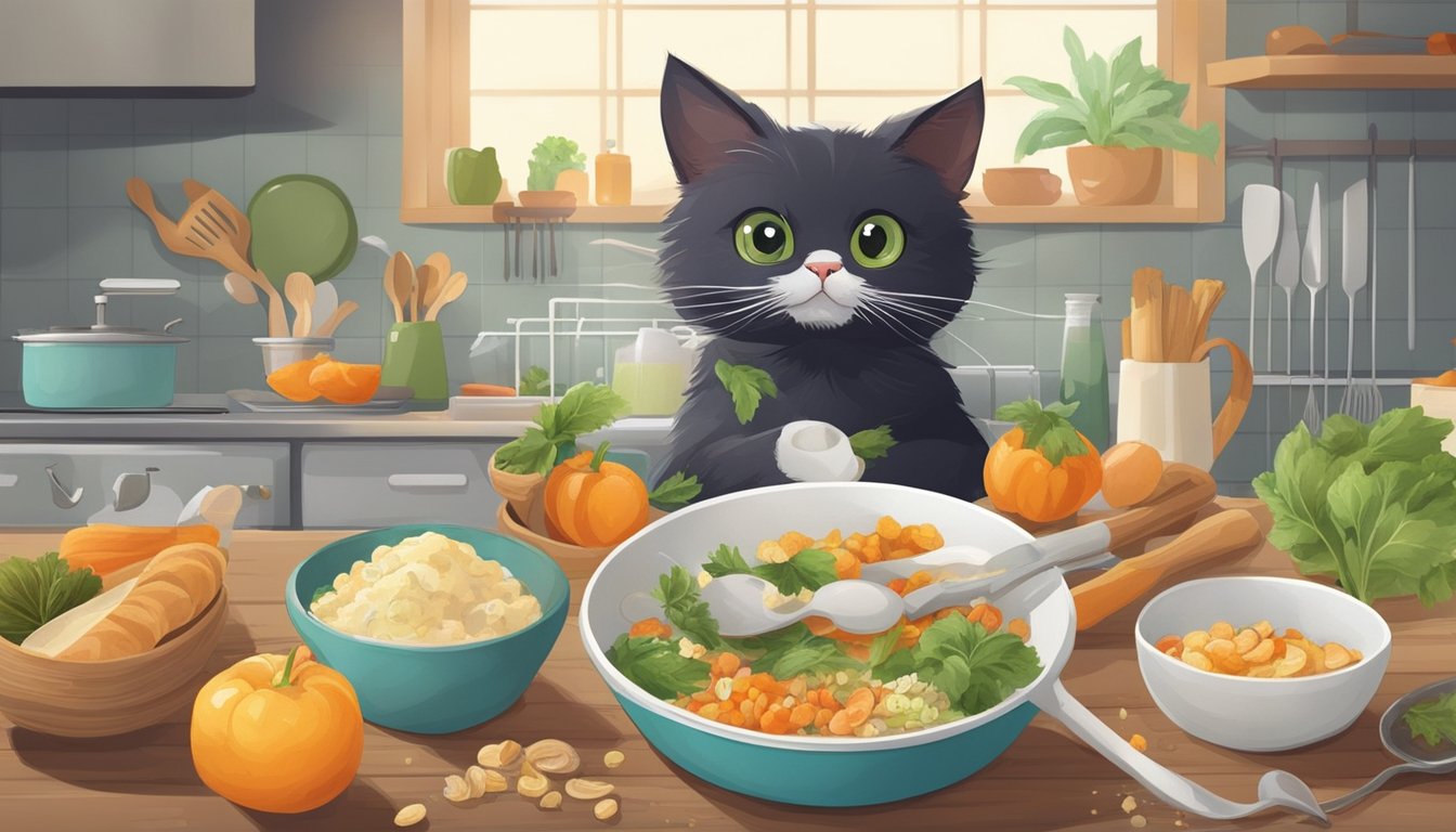 A cat eagerly munches on a homemade treat made from kitchen scraps, surrounded by fresh ingredients and cooking utensils