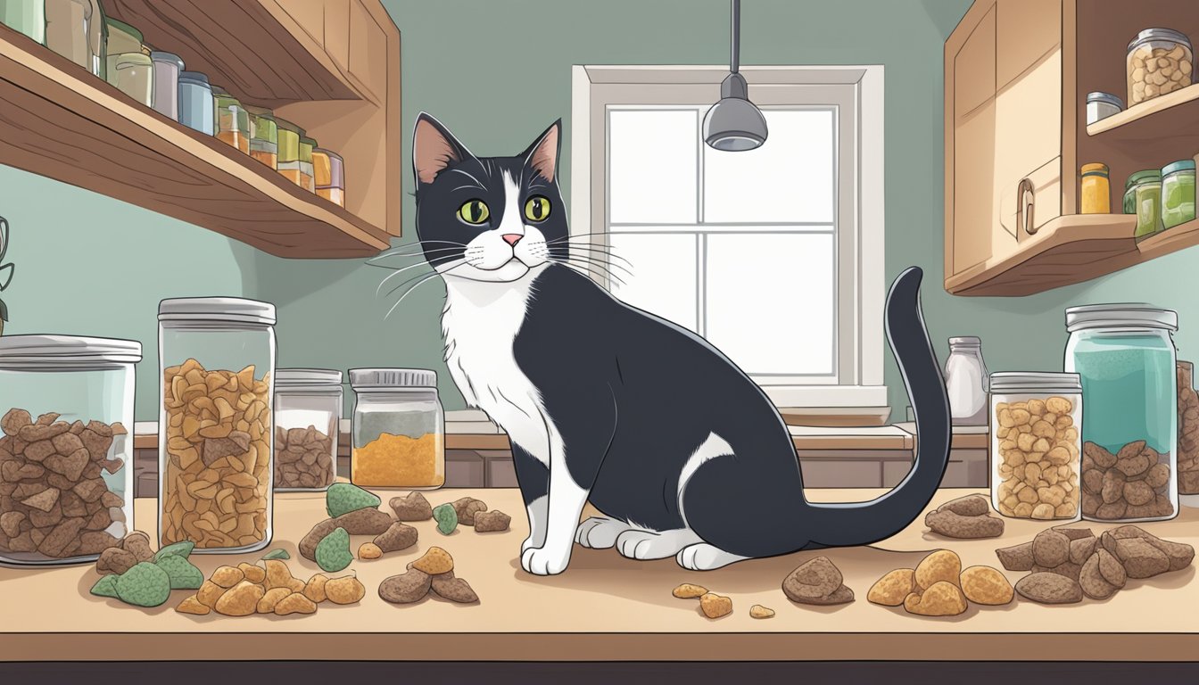 A cat sitting eagerly in front of a countertop filled with various homemade gourmet cat treats made from kitchen scraps