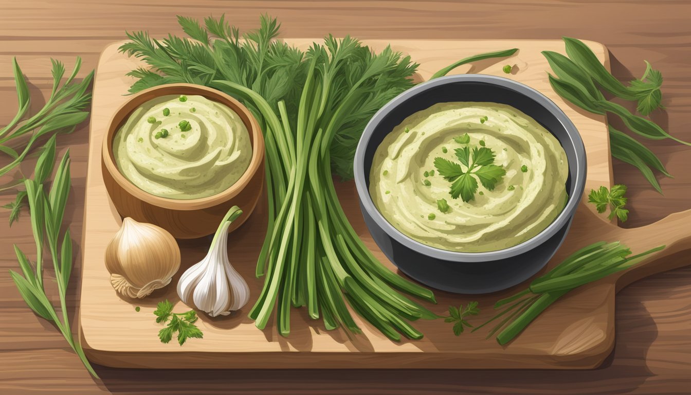 A jar of garlic scape hummus sealed with a lid, surrounded by fresh garlic scapes, olive oil, and herbs on a wooden cutting board