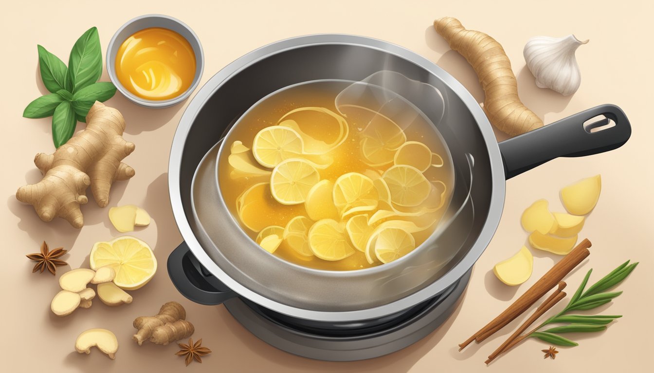 A bubbling pot of ginger peel syrup simmering on a stovetop, surrounded by fresh ginger roots and a variety of colorful spices