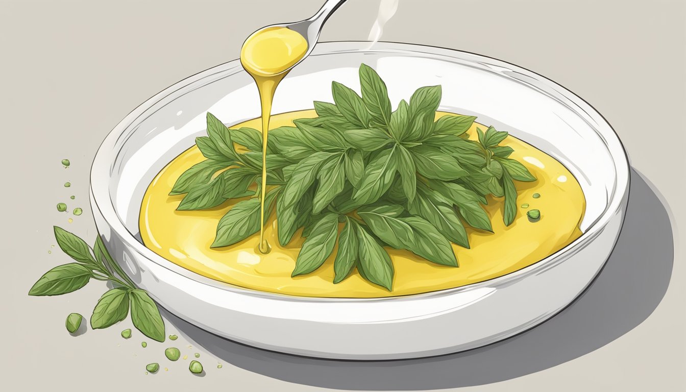 A fresh herb stem is being dipped into a pool of melted butter