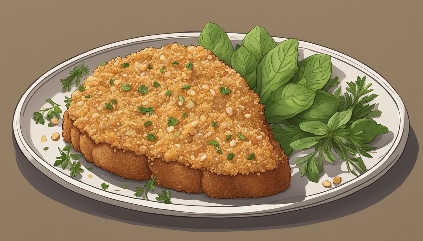 Pork rind bread crumbs sprinkled over a golden-brown pork chop, surrounded by fresh herbs and spices