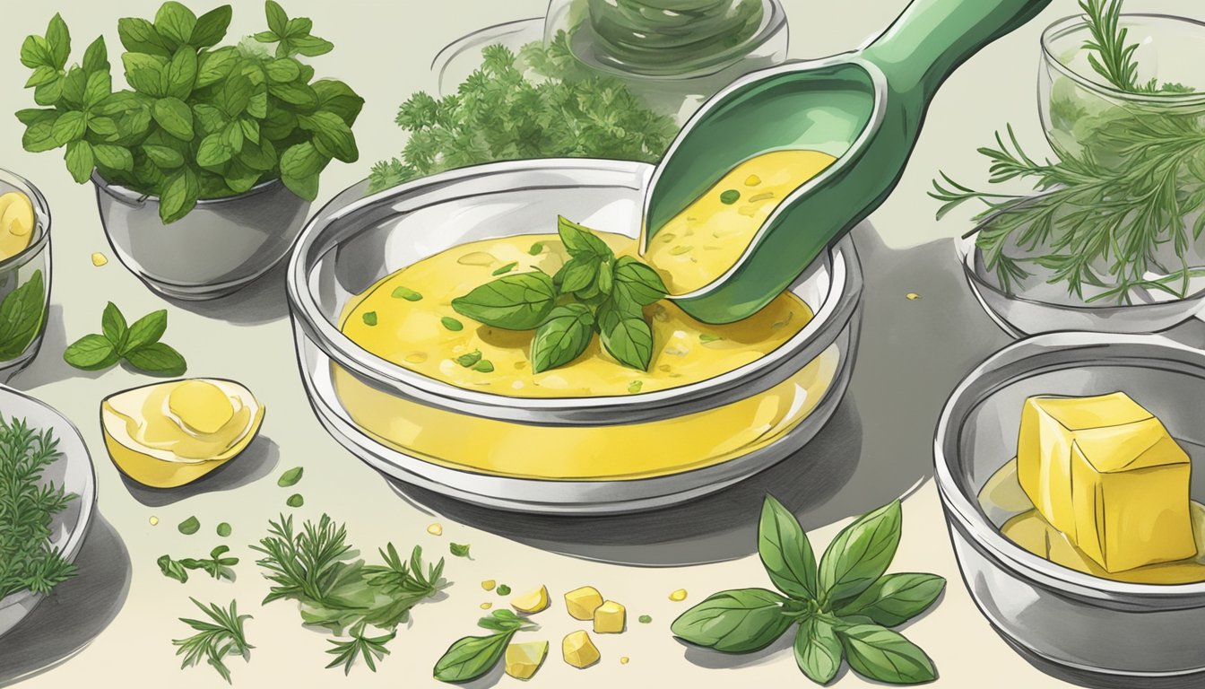 Fresh herbs being chopped and mixed into melted butter in a small bowl