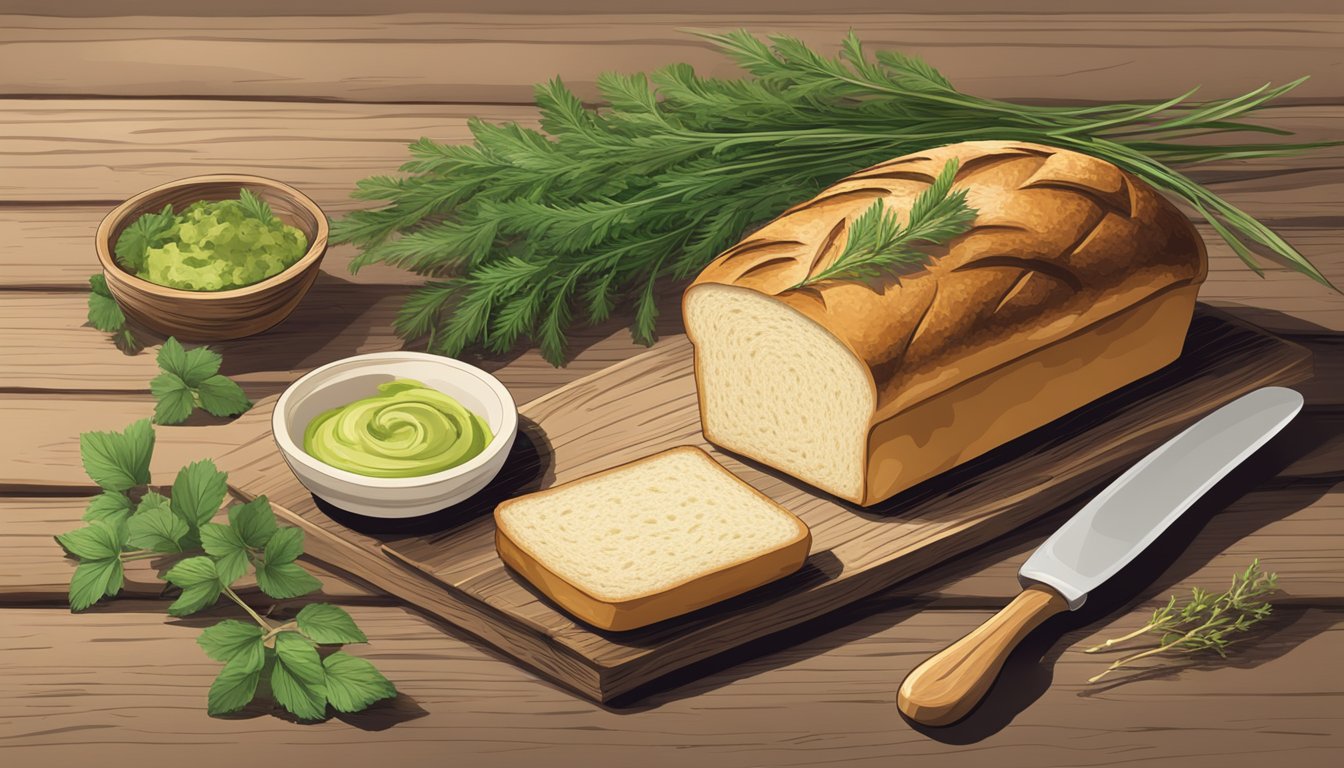 A rustic wooden table set with a freshly baked loaf of bread, a small dish of herb stem butter, and a sprig of fresh herbs for garnish