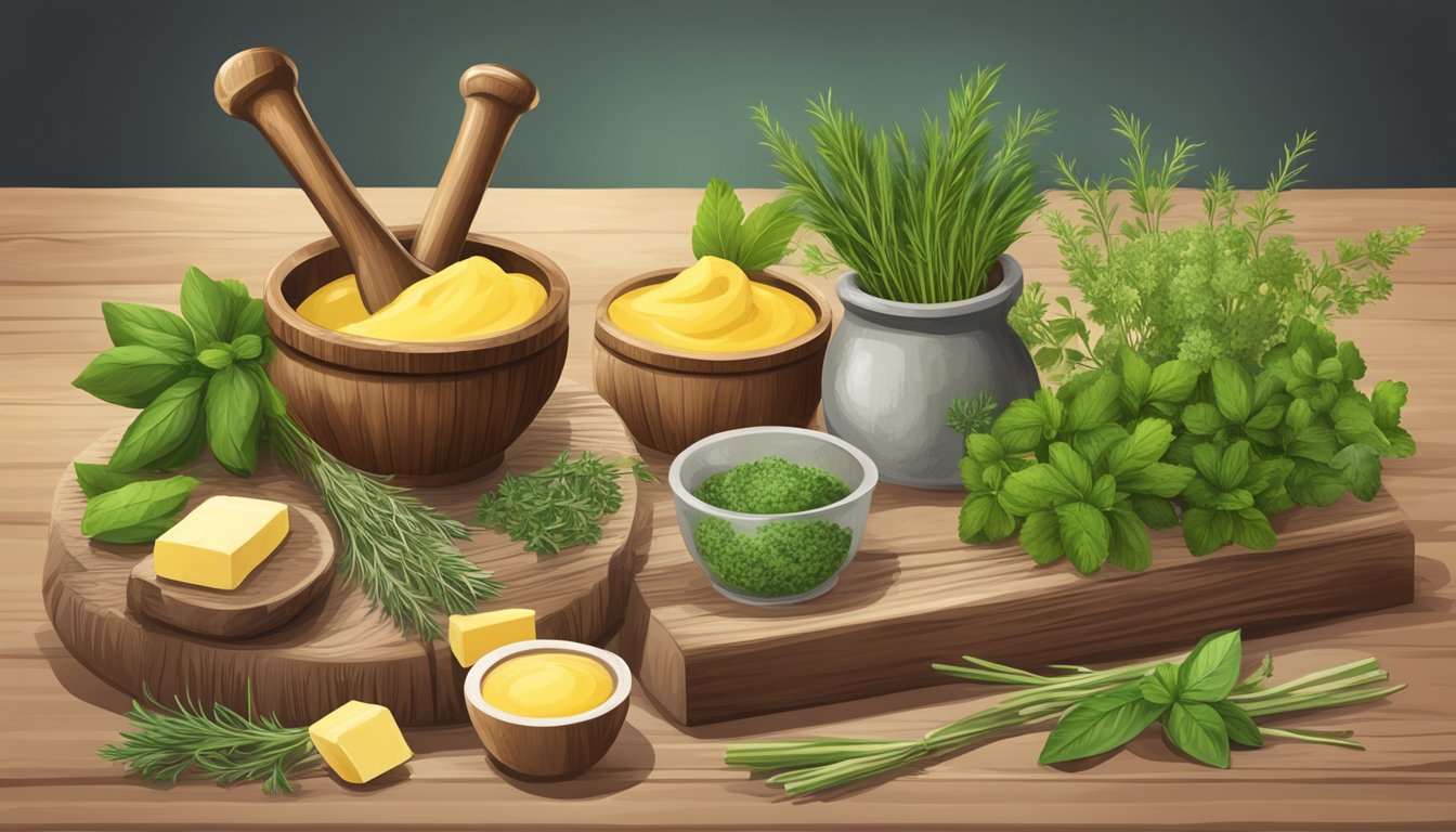 A rustic wooden table set with an assortment of fresh herbs, a stick of butter, and a mortar and pestle for creating herb stem butter