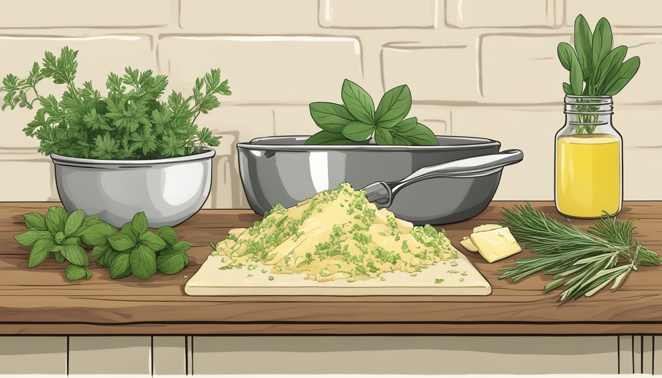 Fresh herbs being chopped and mixed into creamy butter in a rustic kitchen setting