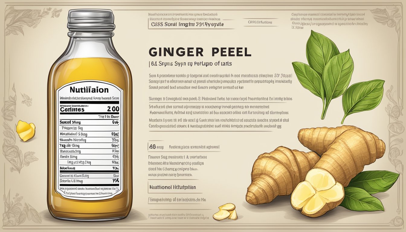 A glass bottle of ginger peel syrup with a label displaying nutritional information