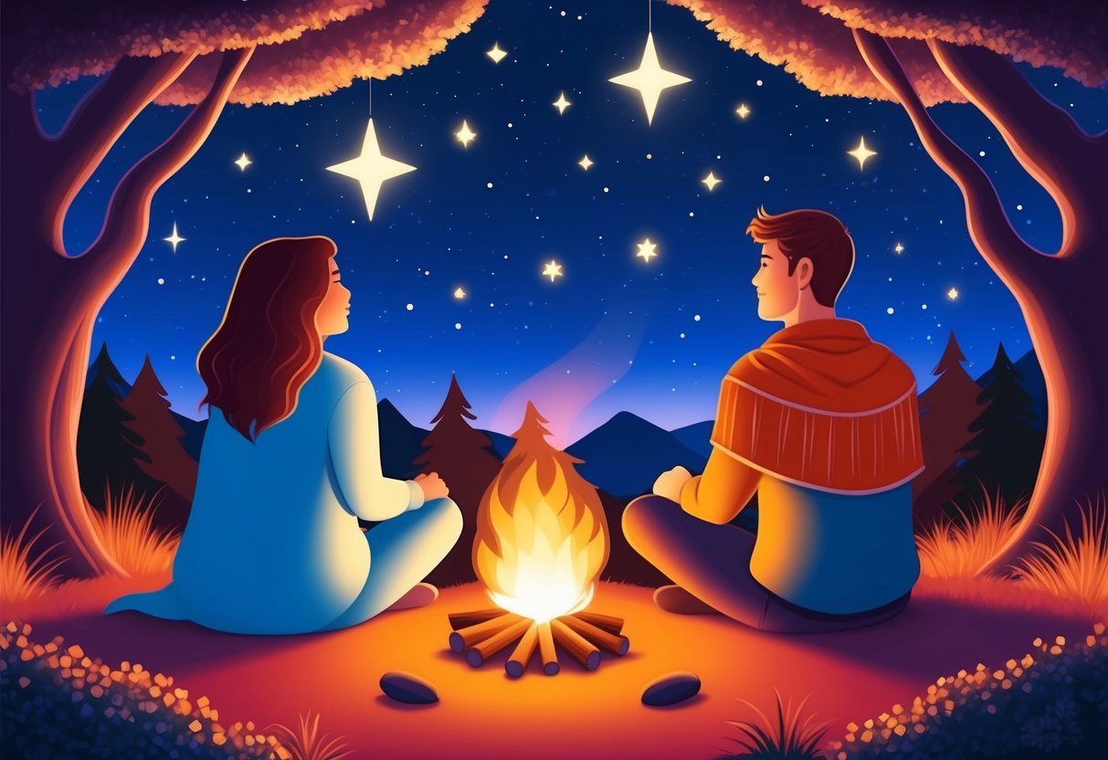 A cancer and sagittarius gazing at the stars together, surrounded by a warm and cozy campfire