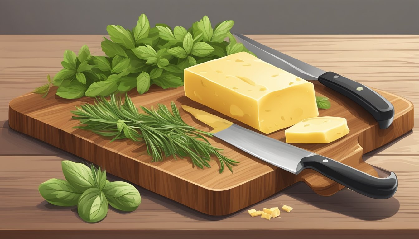 A wooden cutting board with fresh herbs, a stick of butter, and a knife