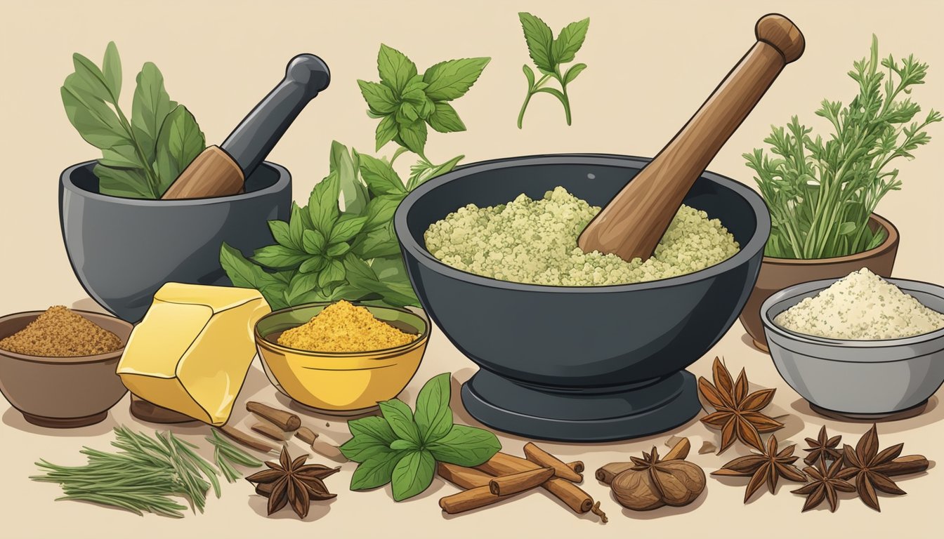 A mortar and pestle crushes herb stems into butter, surrounded by bowls of various spices and a cutting board with chopped herbs