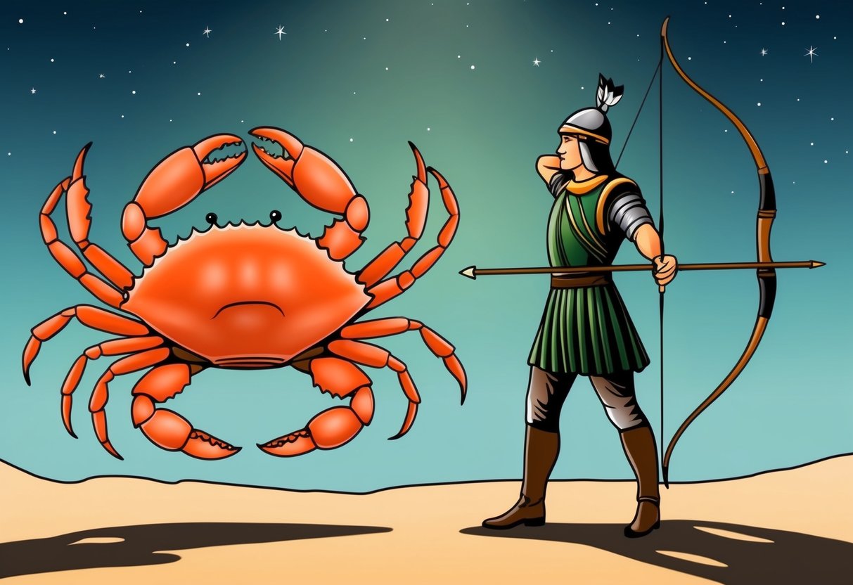 A crab and an archer stand back to back, each facing in opposite directions, representing the conflicting yet complementary nature of Cancer and Sagittarius compatibility